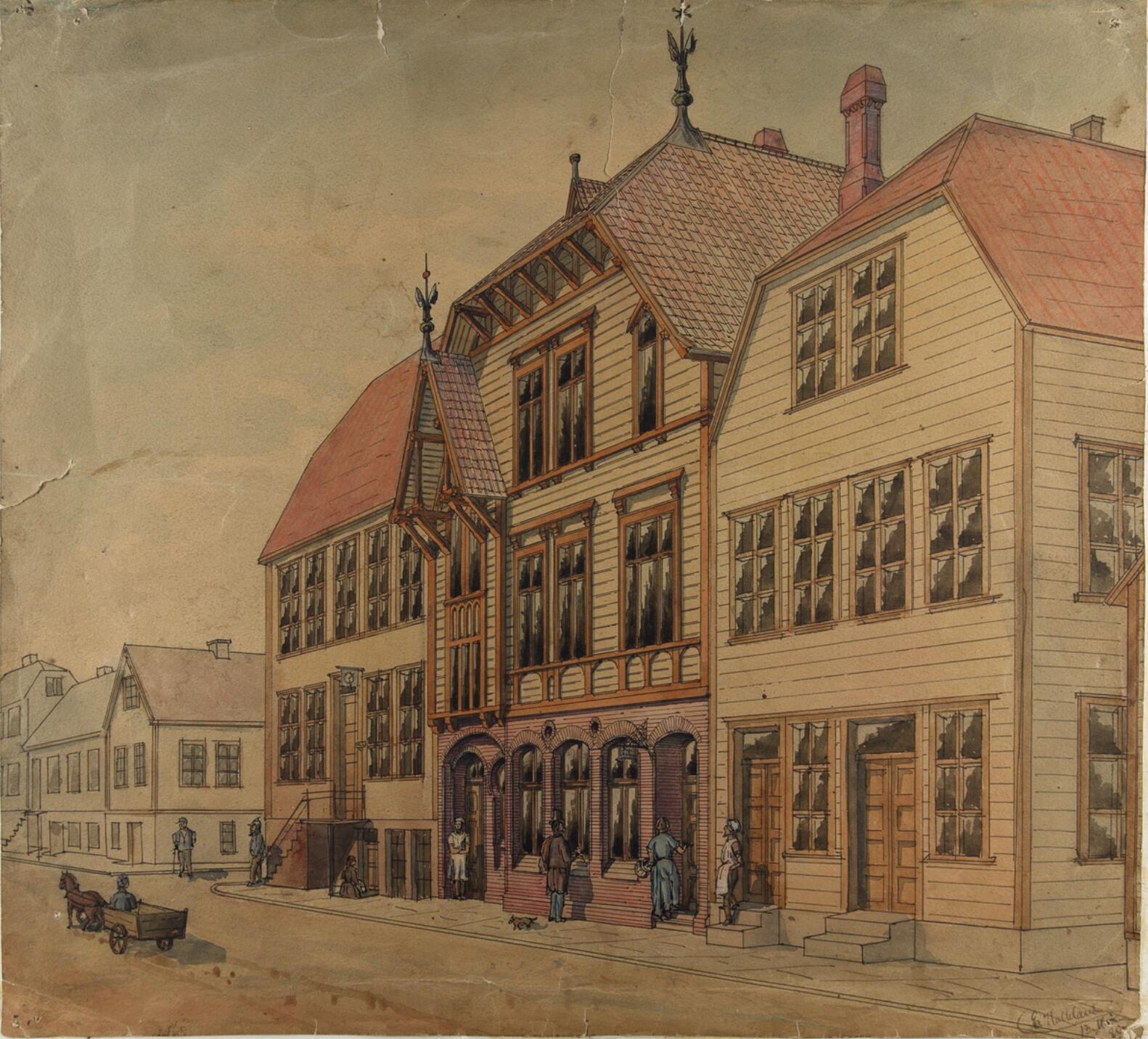 NIELS SKORPENS GATE: Tegning av tre hus i Niels Skorpens gate, som senere skulle bli reist. Einar Halleland var arkitekten. Foto: Digitalt arkiv, Haugalandmuseet.
