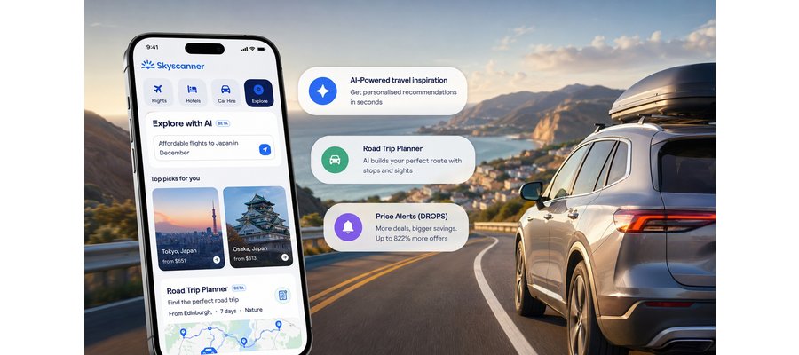 Skyscanner lanserer AI for reiseinspirasjon og bilturer