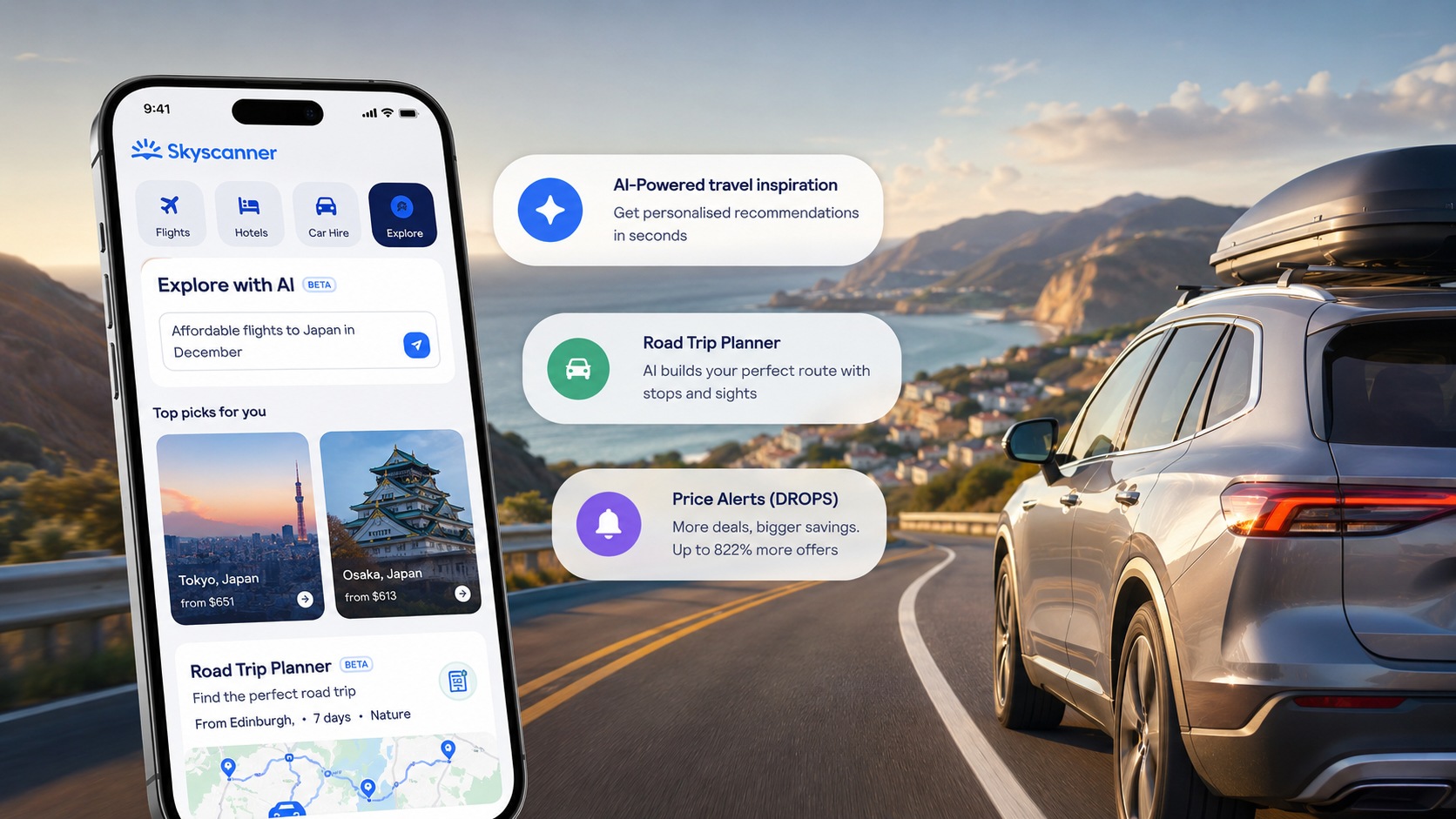 Skyscanner lanserer AI for reiseinspirasjon og bilturer